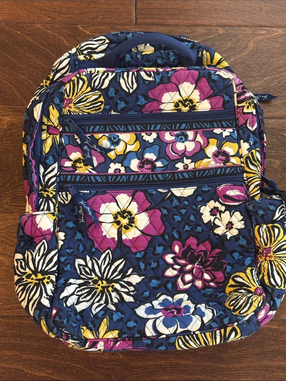 Vera Bradley Navy Floral Quilted Backpack with Pink and Yellow Accents